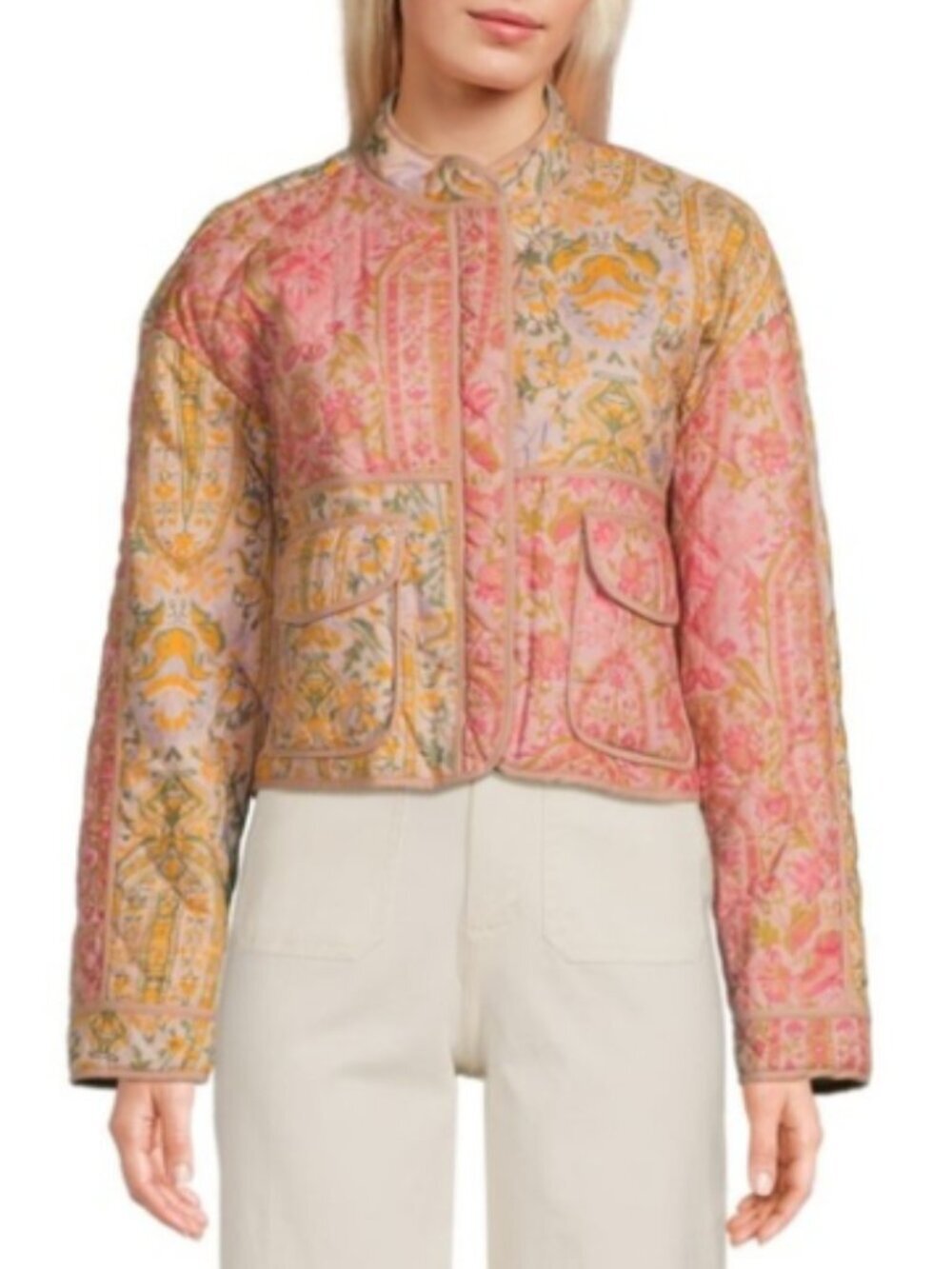 7 For All Mankind Quilted Patchwork Floral Cropped Barn Bomber Jacket